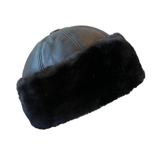 Winter Leather Hat Shearling Sheepskin Fur Beanie Hat Skull Hat - Picture 1 of 5